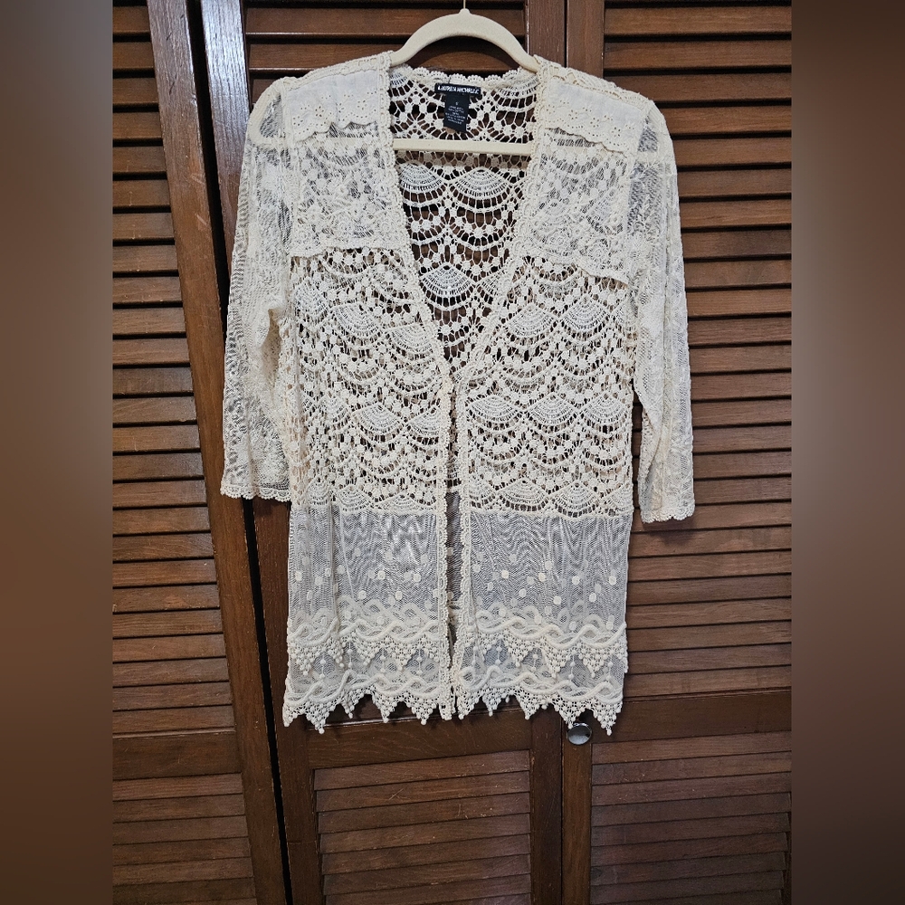 Vintage Lauren Michelle Cream Crochet Lace Open Front Cardigan Cover Up